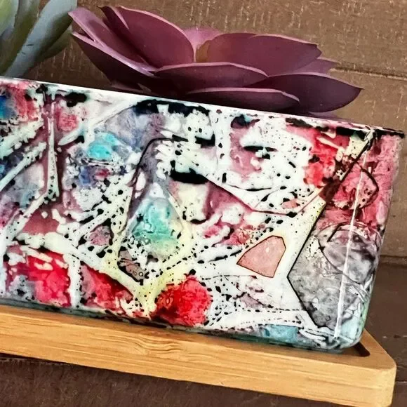 Hand-Painted Ceramic Succulent Planter with Bamboo Tray - Picture 3 of 6